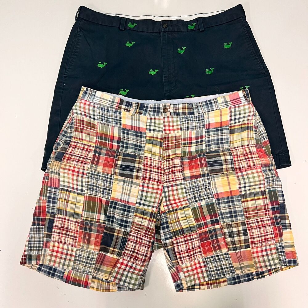 Brooks Brothers 346 Shorts Lot 2 Mens 42 Madras Plaid Navy Whale Cotton Prep